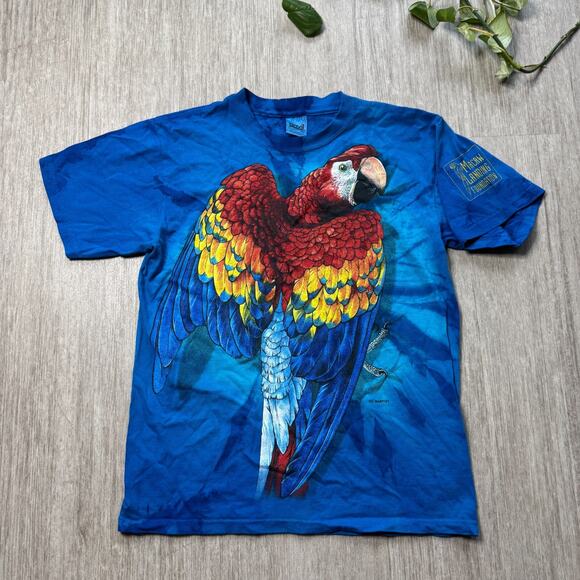 Vintage Macaw Parrot Tie Dye Shirt USA M Blue Macaw Landing Foundation Portland - Picture 1 of 7